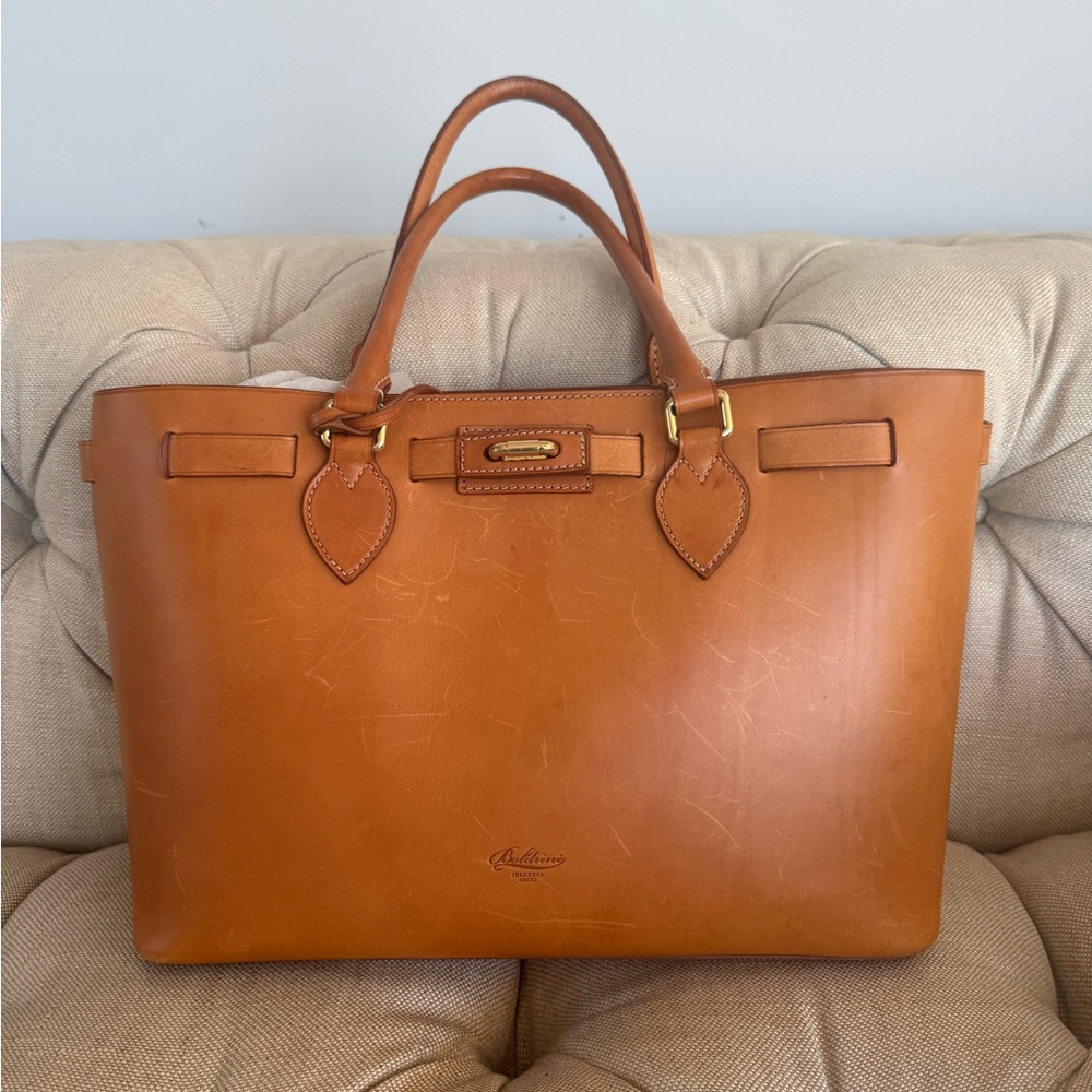Baldinini Selleria Italian Leather Tote Bag – Cognac Tan with Red Interior